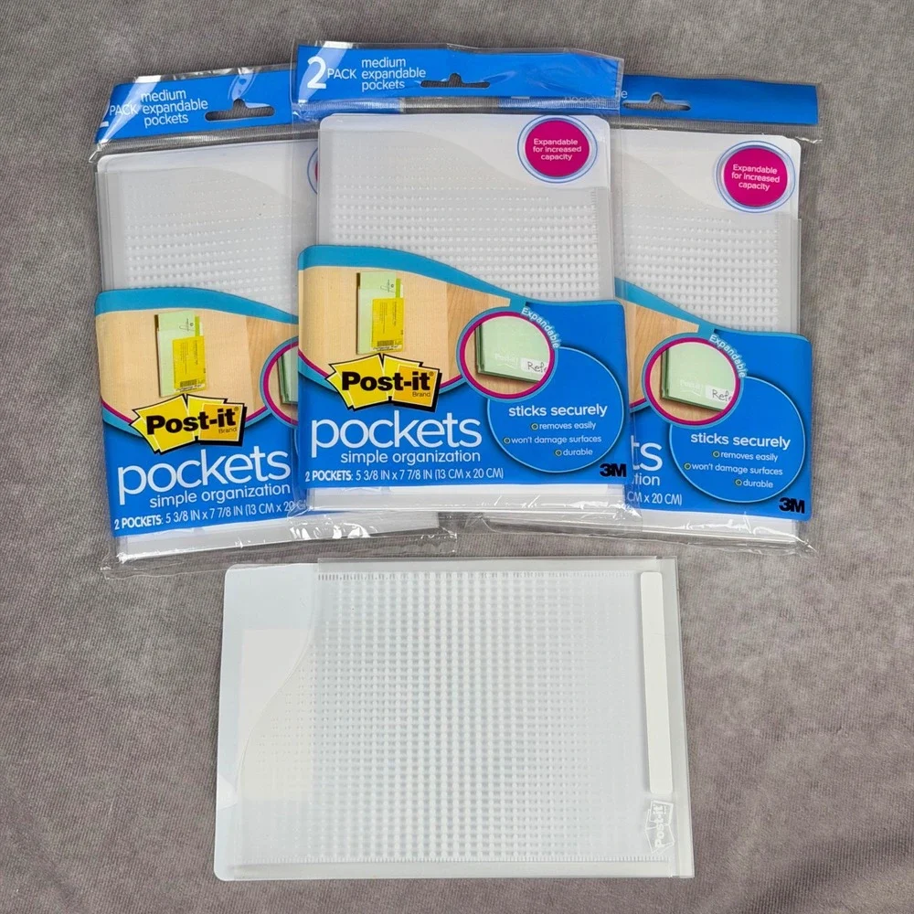 Post-it Pockets Medium Expandable Adhesive Organizer Clear White 7 Pieces NEW